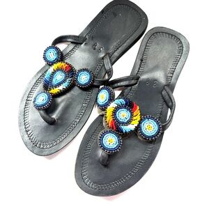 Black Colorful Beaded LeatherThong Sandals- Women- Size 7.5 (38)